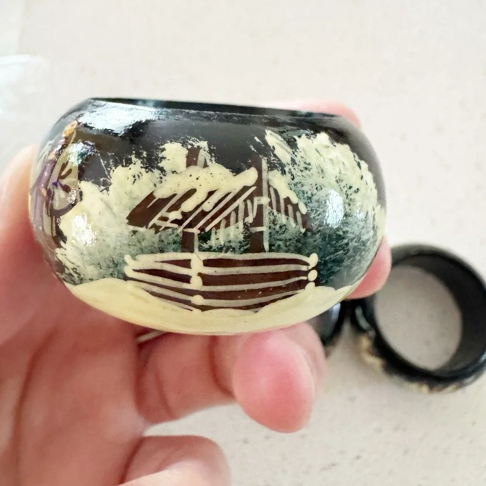 6 Vintage Handpainted Russian Napkin Holders Winter Scene Holiday Christmas